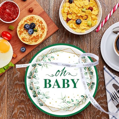 50Pcs Oh Baby Paper Plates Sage Green Party Supplies