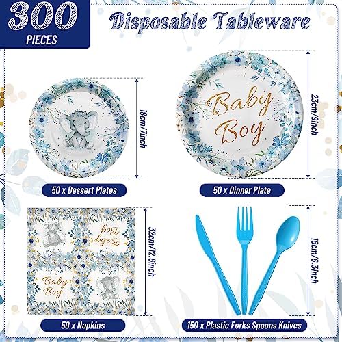 Bokon 300 Pcs Elephant Baby Shower Plates Set