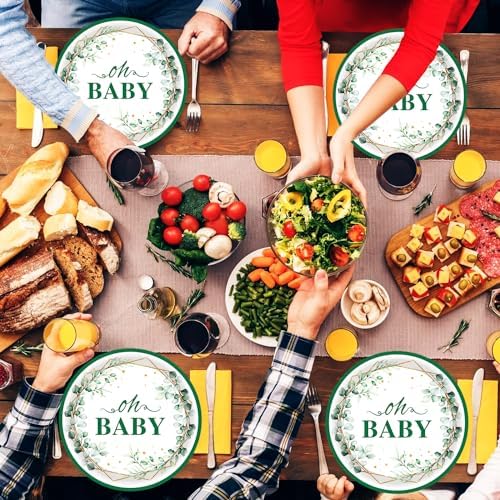 50Pcs Oh Baby Paper Plates Sage Green Party Supplies