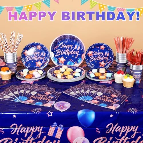 Norme 176 Pcs Navy Blue Rose Gold Birthday Tableware Set