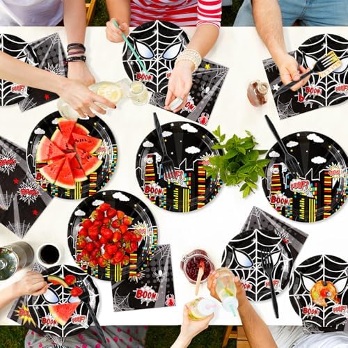 Black Spider Party Plates Napkins Forks 96PCS Set