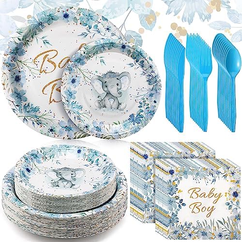 Bokon 300 Pcs Elephant Baby Shower Plates Set