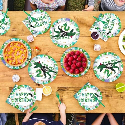 Grencian 96PCS Dinosaur 2nd Birthday Tableware Set for 24 Guests