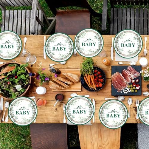 50Pcs Oh Baby Paper Plates Sage Green Party Supplies