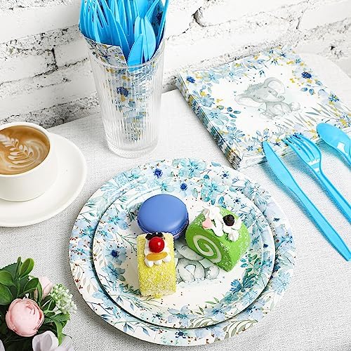 Bokon 300 Pcs Elephant Baby Shower Plates Set