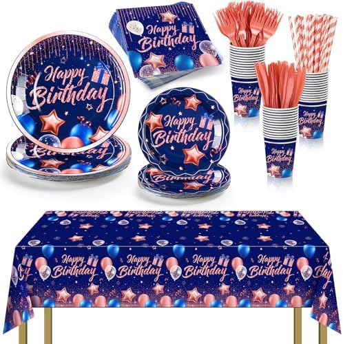 Norme 176 Pcs Navy Blue Rose Gold Birthday Tableware Set