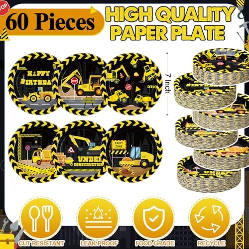 60 Pcs Construction Theme Paper Plates for Boys