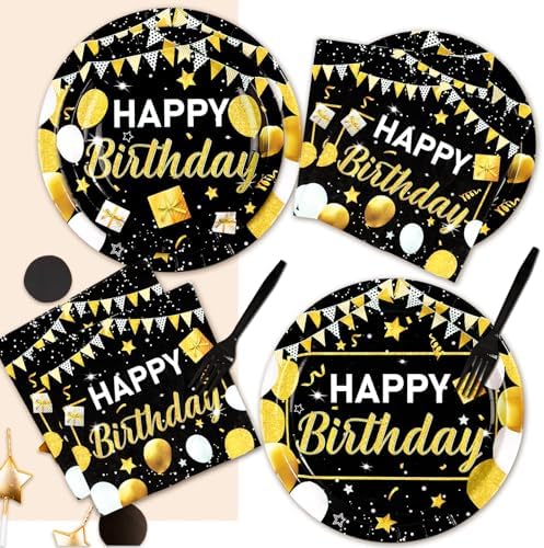Grencian 96 Pcs Black Gold Birthday Plates Napkins Forks Set