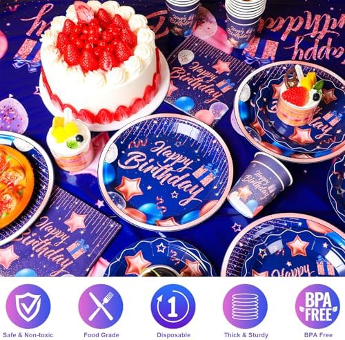 Norme 176 Pcs Navy Blue Rose Gold Birthday Tableware Set