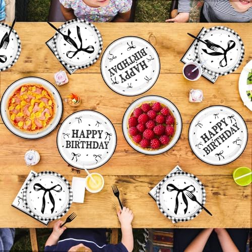 Grencian 96Pcs Black Bow Decor Plates Party Supplies